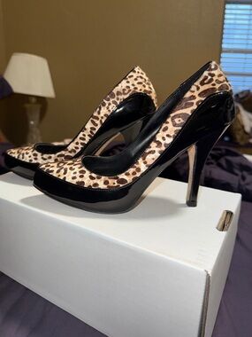 White House Black Market Leopard-Print Patent Platform Pumps - Black & Tan